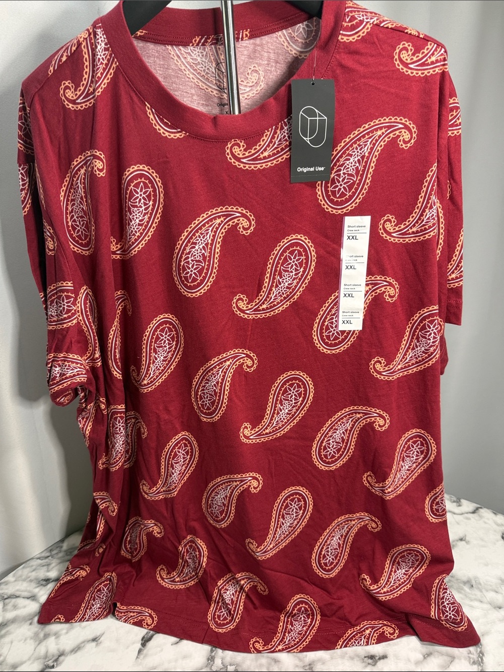 Original Use Burgundy Tee with Cream Paisley Print